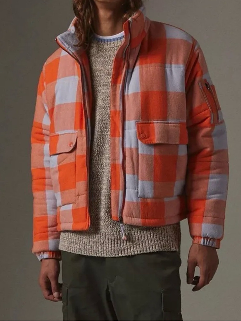 Urban Outfitters - BDG Orange and Light Blue Plaid Puffer Jacket